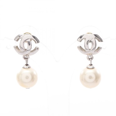 CHANEL COCO Mark Pierced Earrings Stainless Steel Artificial Pearl White Used CC