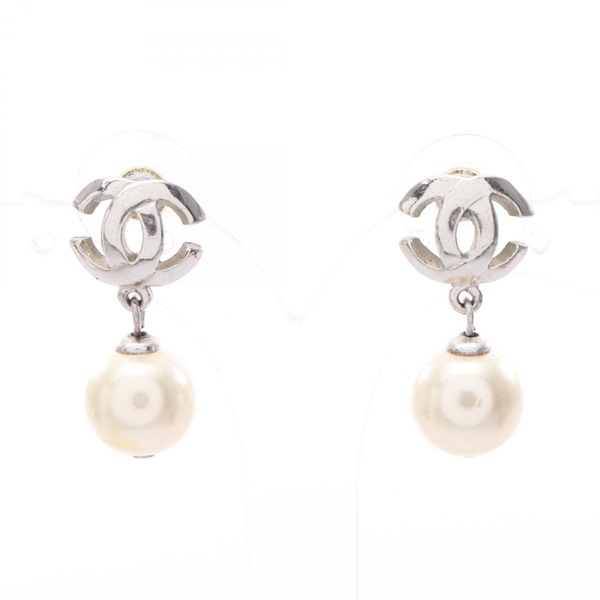 CHANEL COCO Mark Pierced Earrings Stainless Steel Artificial Pearl White Used CC