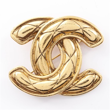 CHANEL COCO Mark Matelasse Brooch Pin Gold Plated Used Women CC