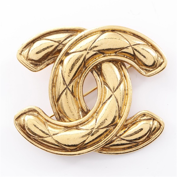 CHANEL COCO Mark Matelasse Brooch Pin Gold Plated Used Women CC