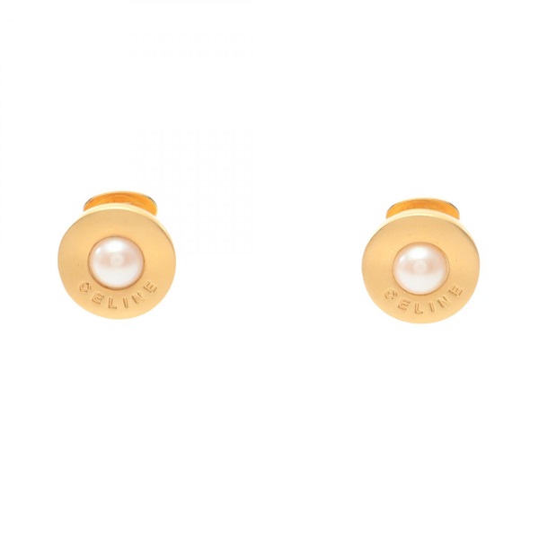 CELINE logo Clip-on Earrings Gold Plated Artificial pearl White Used Women