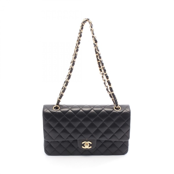 CHANEL Matelasse double flap Chain Shoulder Handbag Lamb leather Black GHW Used