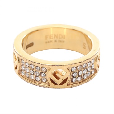 FENDI F logo Ring Gold Plated Rhinestone Used Women US Size 10