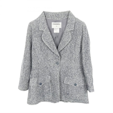 CHANEL Tweed Jacket P21006V12405 Fabric cotton Navy White Used Women #42 CC