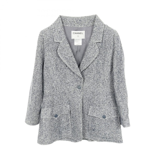 CHANEL Tweed Jacket P21006V12405 Fabric cotton Navy White Used Women #42 CC
