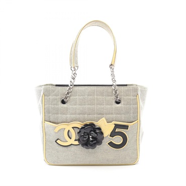 CHANEL Chocolate Bar Camellia No.5 Tote Bag canvas Patent leather Gray SHW Used