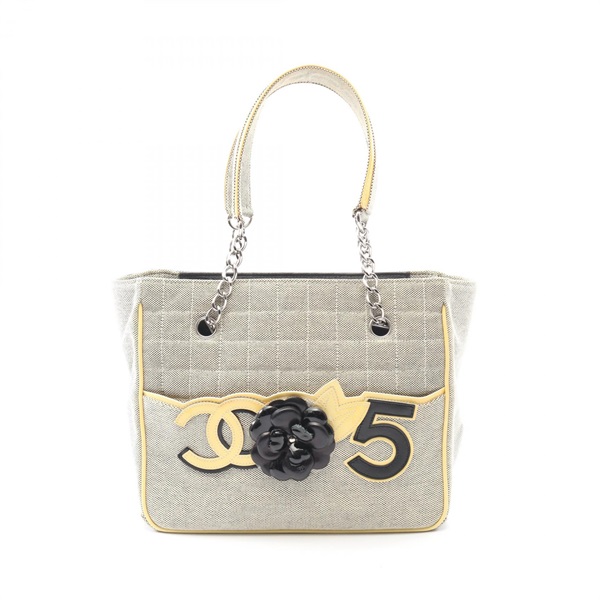 CHANEL Chocolate Bar Camellia No.5 Tote Bag canvas Patent leather Gray SHW Used