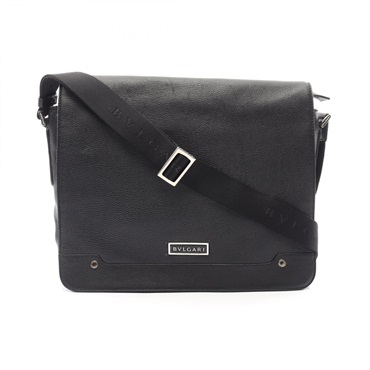 BVLGARI Logo plate Crossbody Shoulder Bag leather Black Used mens