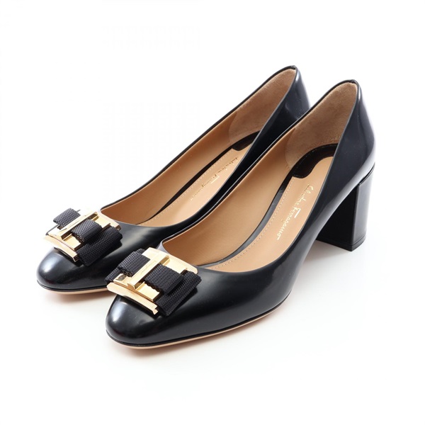 Salvatore Ferragamo PRATO55 Heel Pumps Shoes #7D leather Black GHW Women