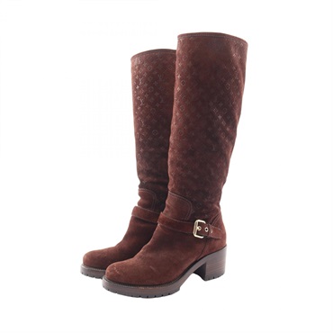 LOUIS VUITTON Monogram Long Heel Boots Shoes #35 Suede Brown Used Women LV