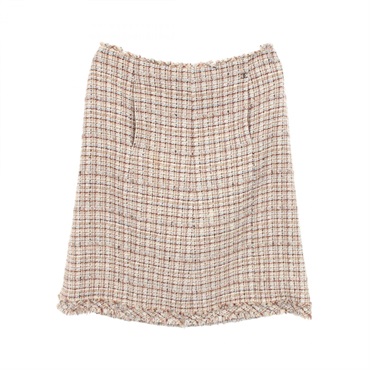 CHANEL COCO Mark Tweed Skirt #42 P23056 silk Rayon Beige Multicolor Used Women