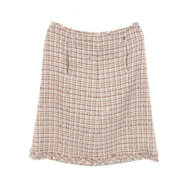 CHANEL COCO Mark Tweed Skirt #42 P23056 silk Rayon Beige Multicolor Used Women