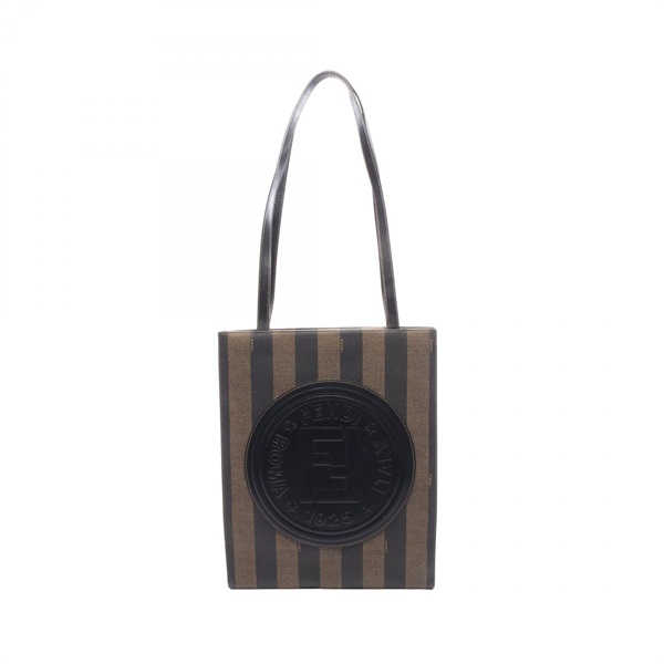 FENDI Pequin Tote Shoulder Bag PVC coated canvas leather Brown Black Used Women