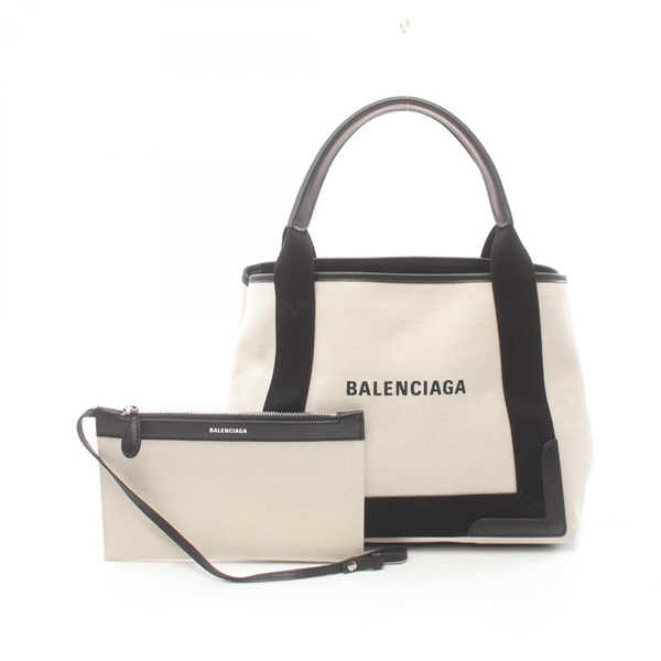 BALENCIAGA NAVY CABAS S Tote Hand Bag 339933 canvas leather Beige Black Used