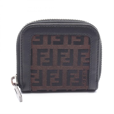 FENDI Zucca Coin purse case mini wallet canvas leather Brown Black Used Women