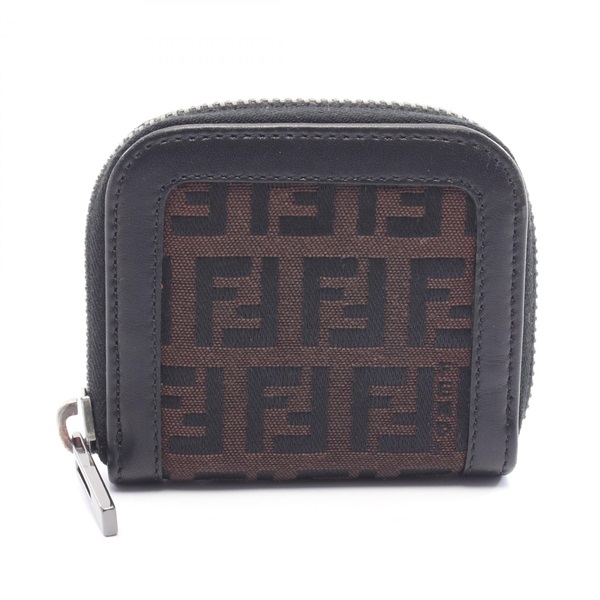 FENDI Zucca Coin purse case mini wallet canvas leather Brown Black Used Women