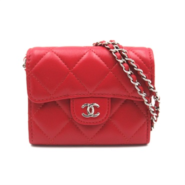 CHANEL Mini wallet on Chain Shoulder Bag Lamb leather Red Used Women SHW CC