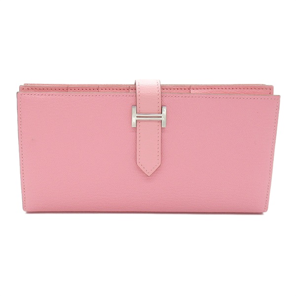 HERMES Bearn Soufflet Bifold Wallet Chevre leather Pink Used Women R SHW