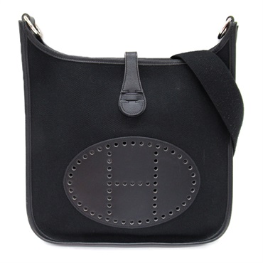 HERMES Evelyne PM Shoulder crossbody Bag H Toile H leather canvas Black SHW