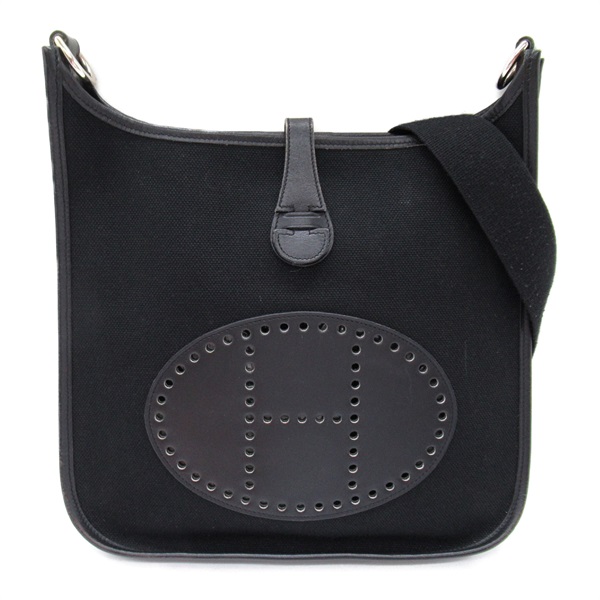 HERMES Evelyne PM Shoulder crossbody Bag H Toile H leather canvas Black SHW
