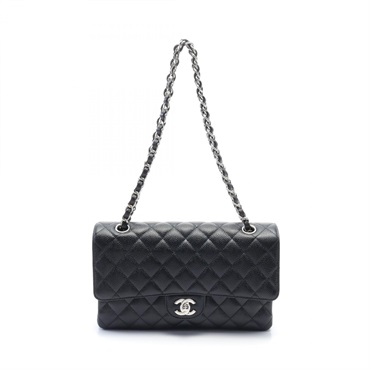 CHANEL CC Matelasse W flap Shoulder Bag Caviar skin Black Used Women Coco