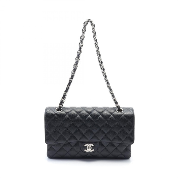 CHANEL CC Matelasse W flap Shoulder Bag Caviar skin Black Used Women Coco