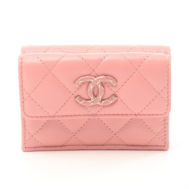 CHANEL CC Matelasse flap Tri-fold wallet Purse AP3650 lamb Leather Pink Used