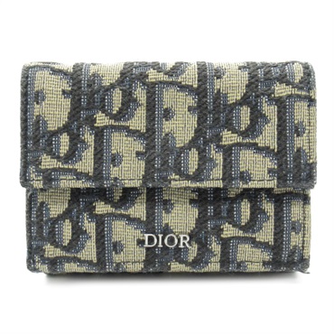 Christian Dior Oblique Tri-fold Wallet Purse Jacquard Navy Used Women