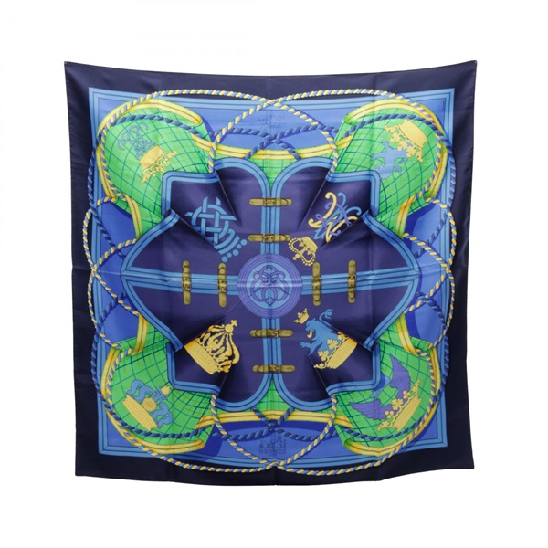 HERMES Carre90 GRANDE TENUE Scarf silk Navy Green Multicolor Used Women