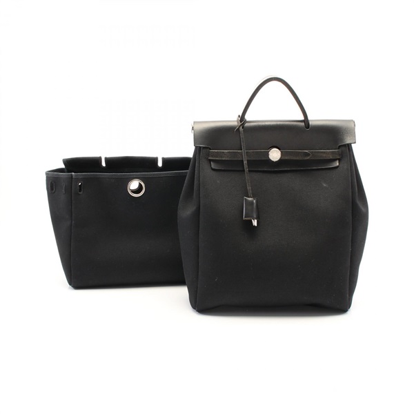 HERMES Herbag a dos PM Rucksack Backpack D Toile officier Hunter Black Used SHW