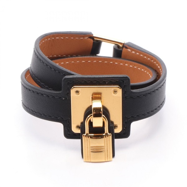 HERMES Double tour O'Kelly Bracelet Y 15cm Swift leather Gold Plated Black GHW