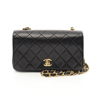CHANEL Mini Matelasse Chain Shoulder Bag Lambskin sheep leather Black Used GHW