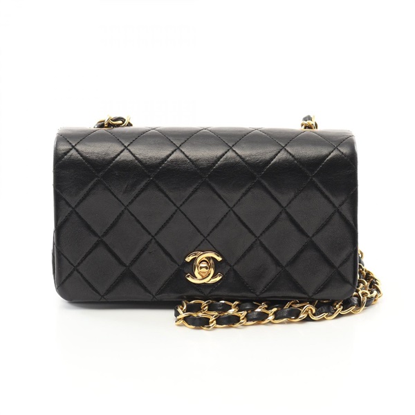 CHANEL Mini Matelasse Chain Shoulder Bag Lambskin sheep leather Black Used GHW