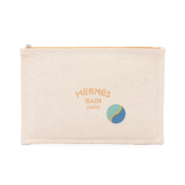 HERMES Balles au Bond Pouch Toile H leather camel Multicolor White Used SHW