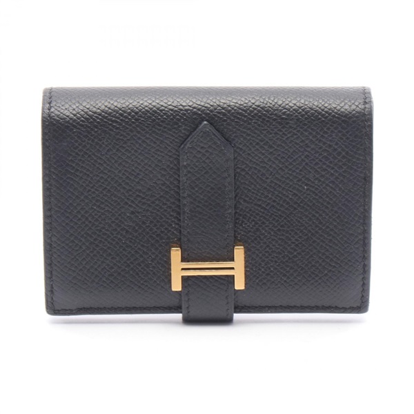HERMES Bearn mini Card Case holder bifold wallet X Epsom leather Black Used GHW