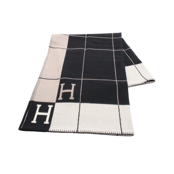 HERMES Plaid Avalon III Blanket wool cashmere Black Beige White Used unisex