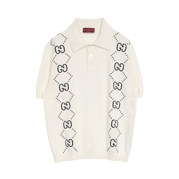 GUCCI GG Intarsia Knit Polo Shirt 747086 Cotton White Black #M Used Mens