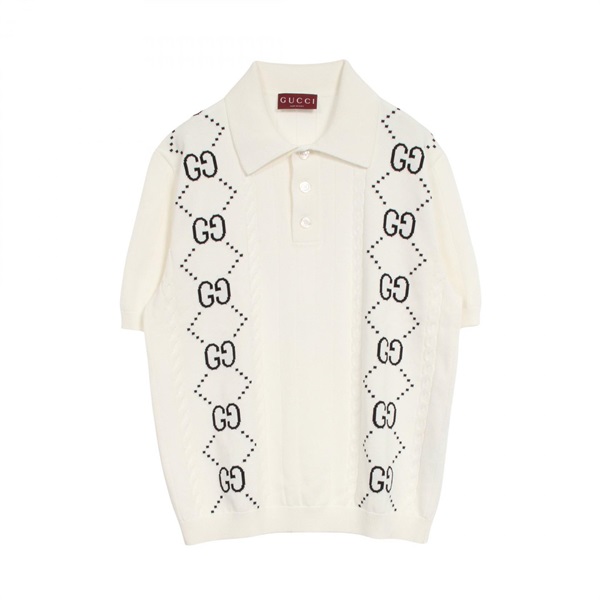 GUCCI GG Intarsia Knit Polo Shirt 747086 Cotton White Black #M Used Mens