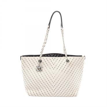 CHANEL COCO Mark Chain shoulder Tote Bag A93260 leather Beige Used Women SHW