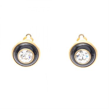 CHANEL Clip-on Earrings Gold Plated Rhinestone Black 18cm Used