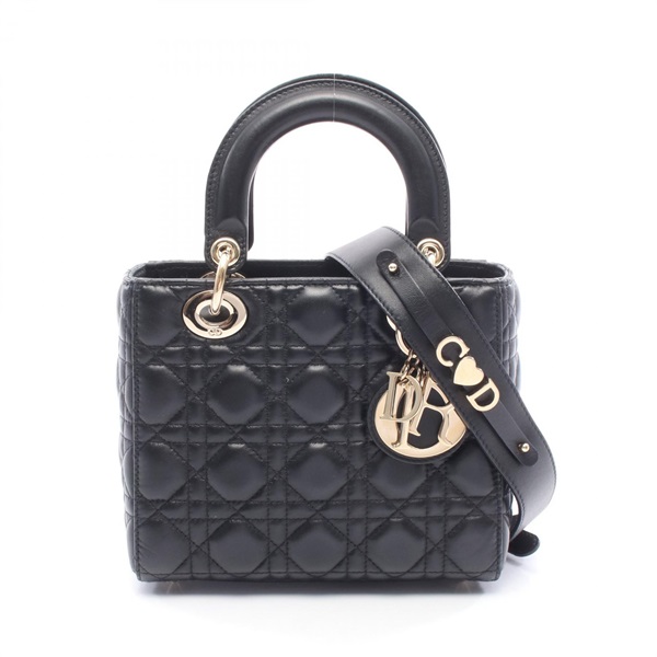 Christian Dior My ABCDior Lady Small Cannage 2Way Tote Handbag leather Blk Used