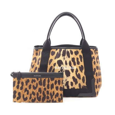 BALENCIAGA NAVY CABAS S Tote Handbag 339933 canvas Brown Black Leopard Used