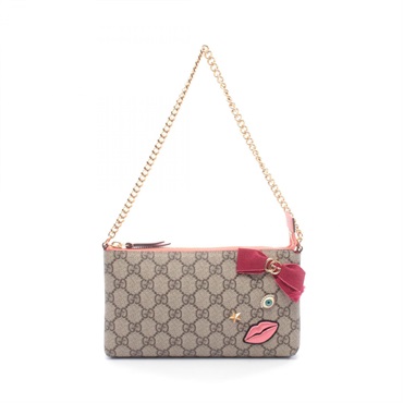 GUCCI GG Supreme chain wallet purse Handbag 431396 canvas leather beige used