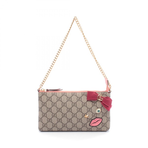 GUCCI GG Supreme chain wallet purse Handbag 431396 canvas leather beige used