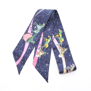 HERMES Twilly SPACE DERBY Scarf Silk Navy Pink Multicolor Used Women