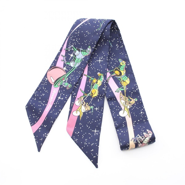 HERMES Twilly SPACE DERBY Scarf Silk Navy Pink Multicolor Used Women