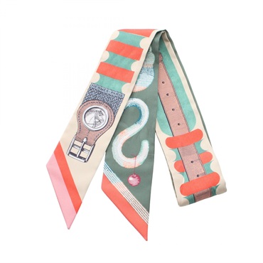 HERMES Twilly Brides a Bloc Scarf Silk Beige Khaki Multicolor Used Women