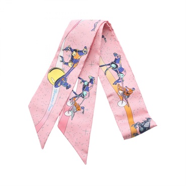 HERMES Twilly SPACE DERBY Scarf Silk Pink Multicolor Used Women