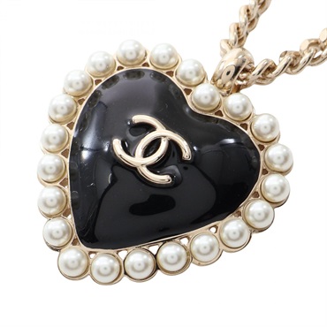 CHANEL COCO Mark Heart Necklace Pendant Gold Plated Artificial pearl B&W Used