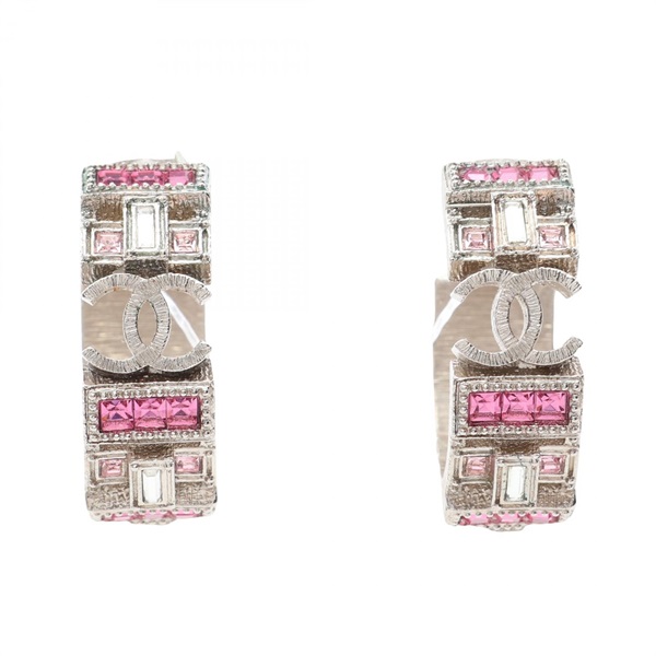 CHANEL COCO Mark Pierced earrings Stainless Steel Rhinestone Silver Pink Used CC